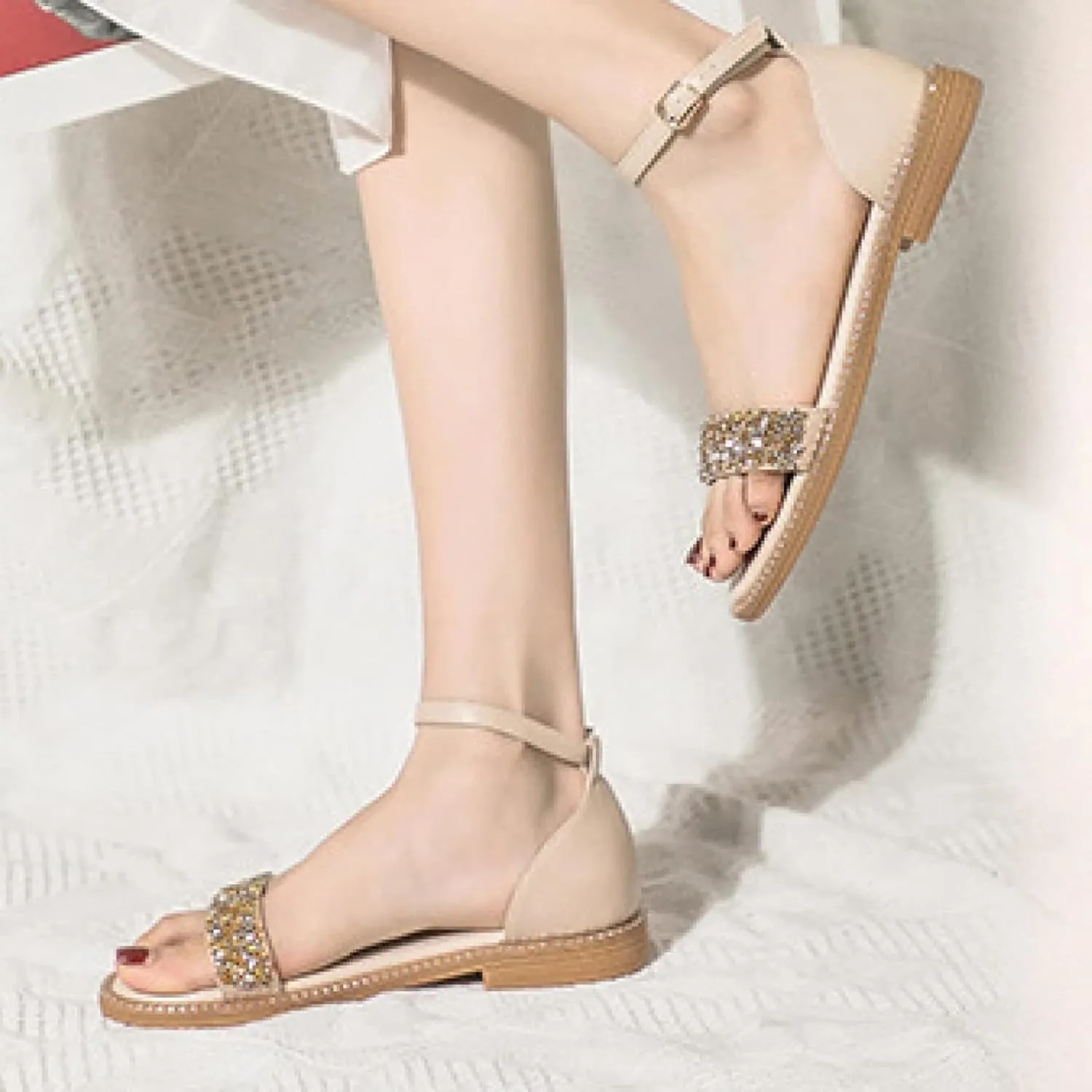 Women's Roman Ankle Strap Sandals Round Rhinestones Sparkling Backless Low Heel Fairy Storm Fashion Beach Sandals