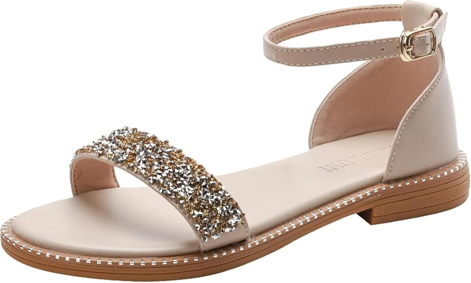 Women's Roman Ankle Strap Sandals Round Rhinestones Sparkling Backless Low Heel Fairy Storm Fashion Beach Sandals