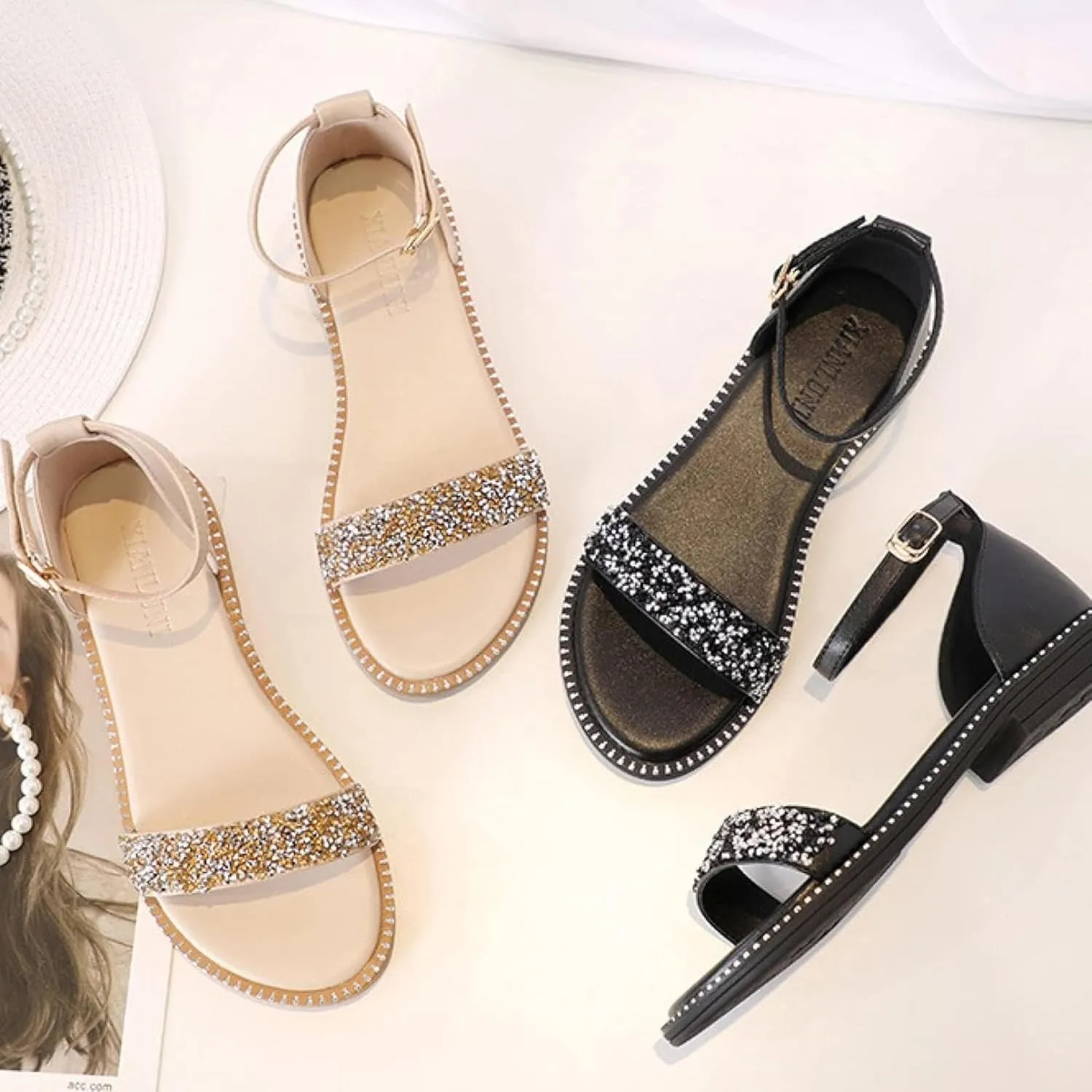 Women's Roman Ankle Strap Sandals Round Rhinestones Sparkling Backless Low Heel Fairy Storm Fashion Beach Sandals