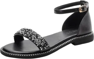 Women's Roman Ankle Strap Sandals Round Rhinestones Sparkling Backless Low Heel Fairy Storm Fashion Beach Sandals