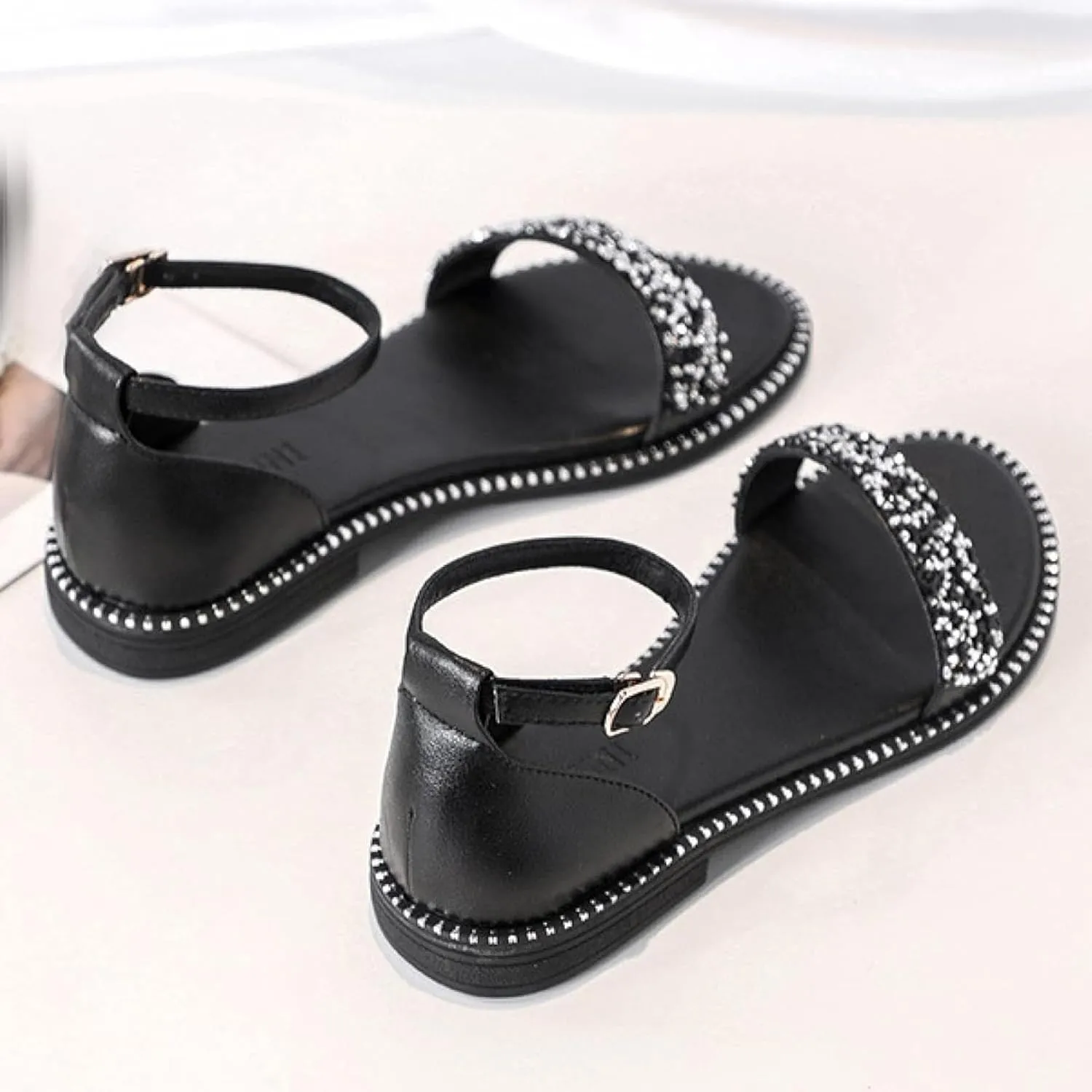 Women's Roman Ankle Strap Sandals Round Rhinestones Sparkling Backless Low Heel Fairy Storm Fashion Beach Sandals