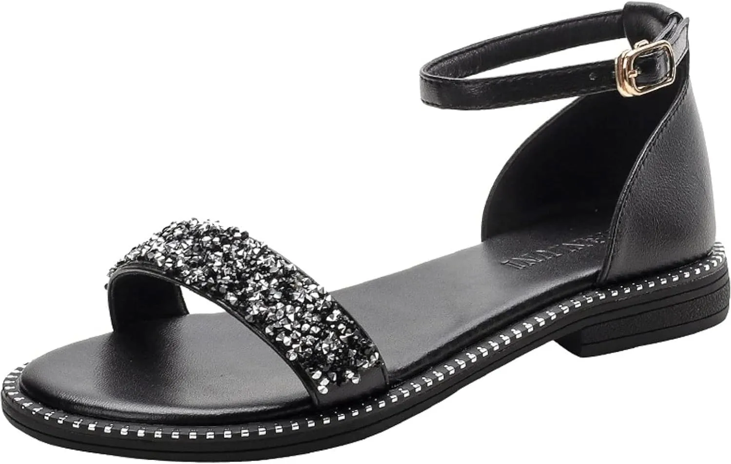 Women's Roman Ankle Strap Sandals Round Rhinestones Sparkling Backless Low Heel Fairy Storm Fashion Beach Sandals