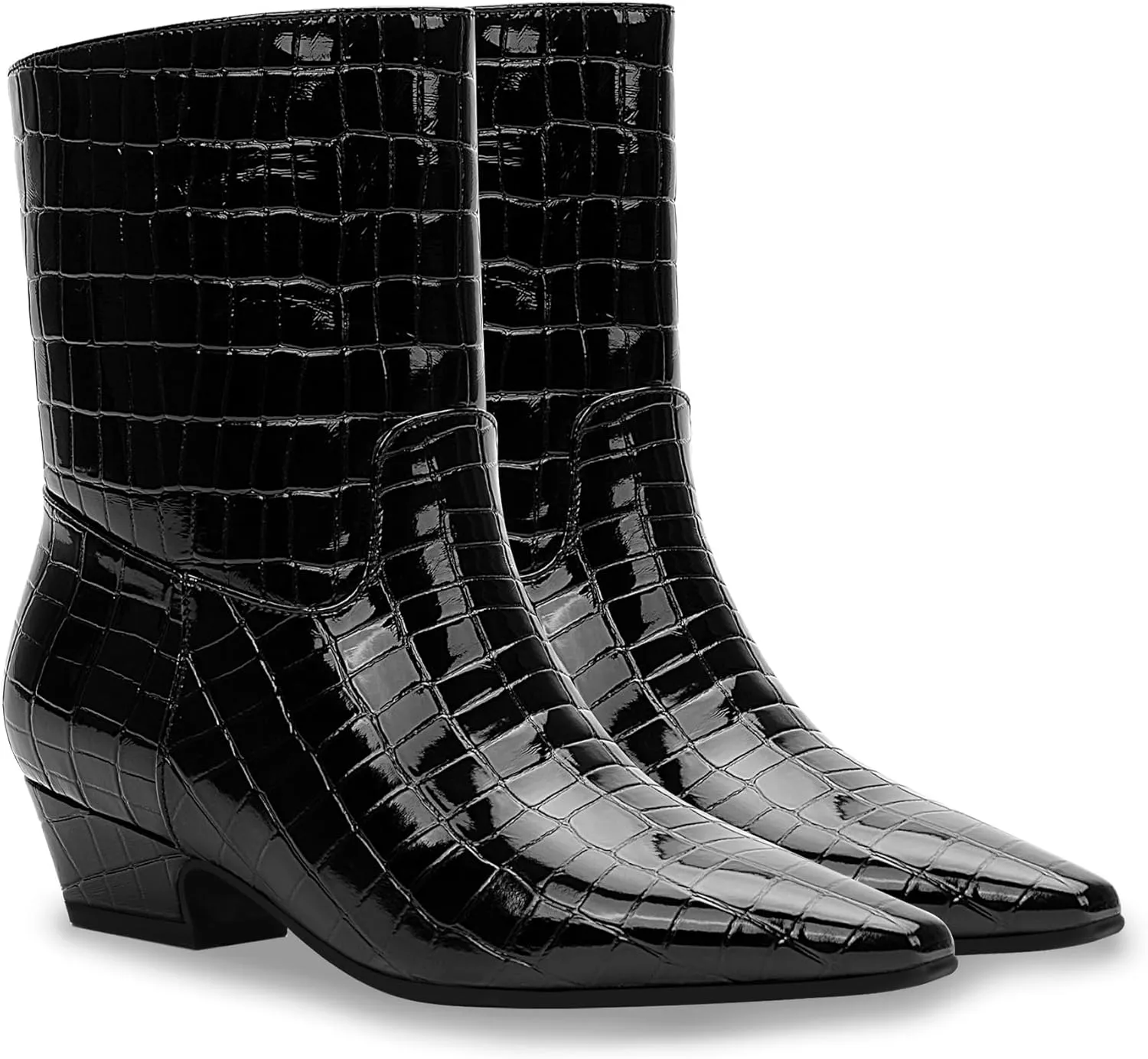 Women's Sexy Faux Crocodile Chunky Low Heel Ankle Dress Boots Square Toe Slip On Booties