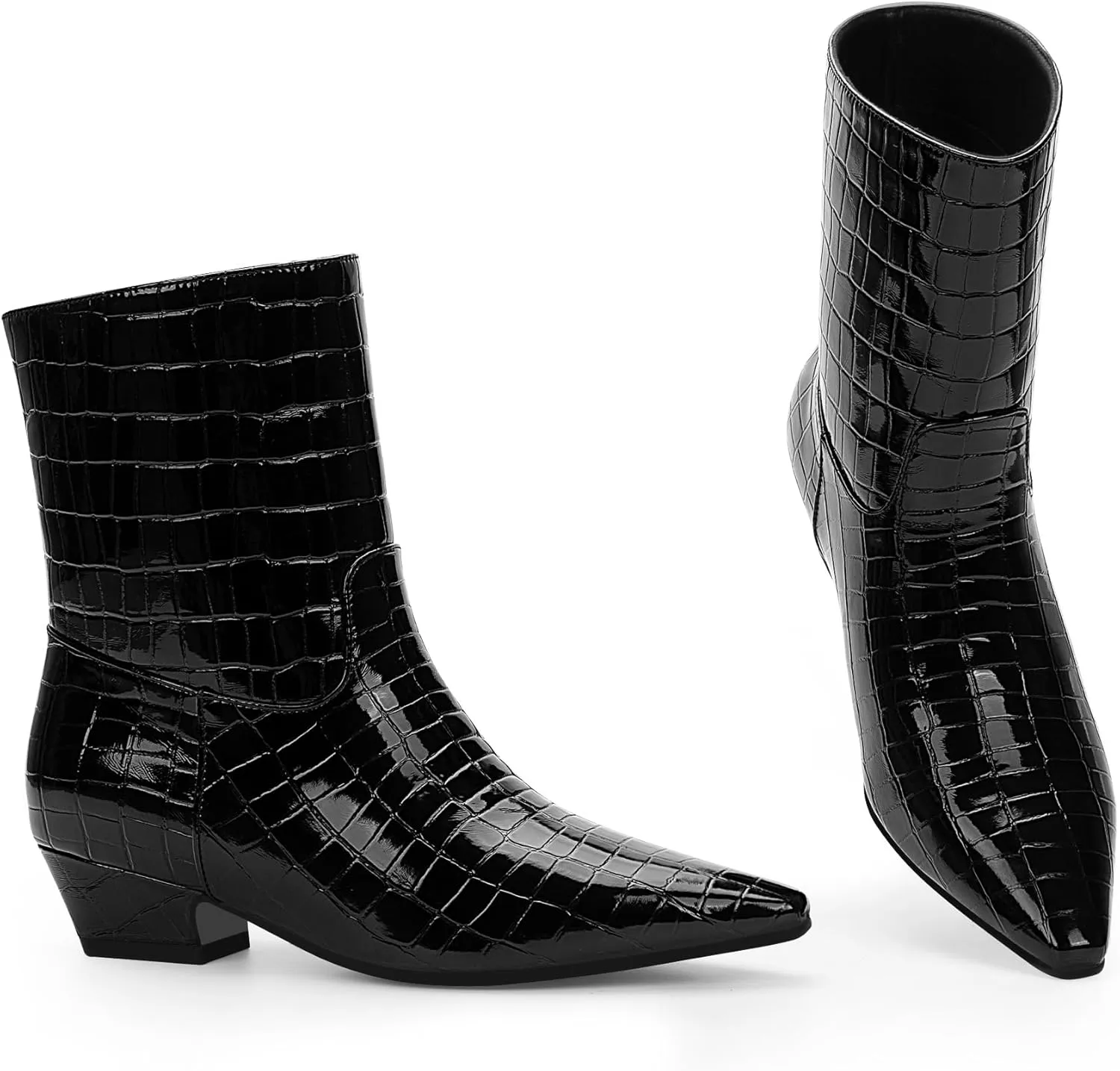 Women's Sexy Faux Crocodile Chunky Low Heel Ankle Dress Boots Square Toe Slip On Booties
