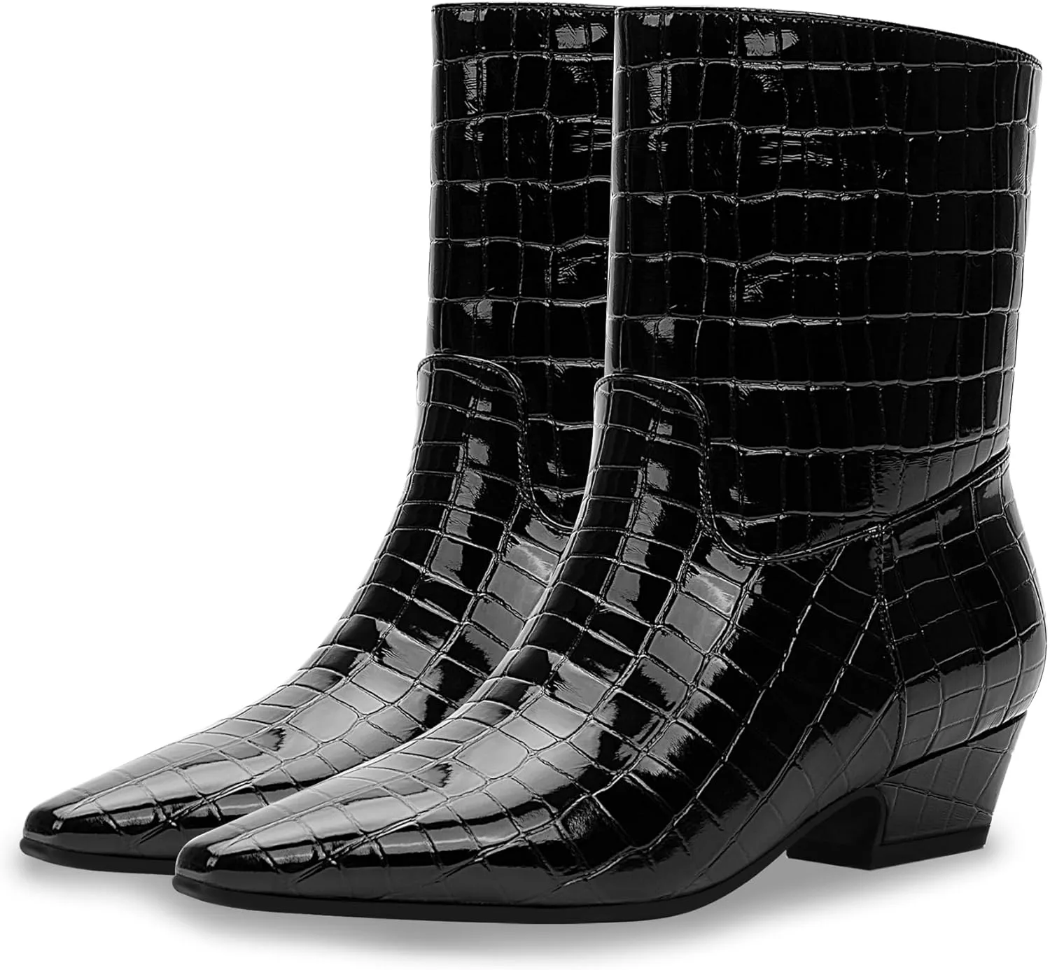 Women's Sexy Faux Crocodile Chunky Low Heel Ankle Dress Boots Square Toe Slip On Booties