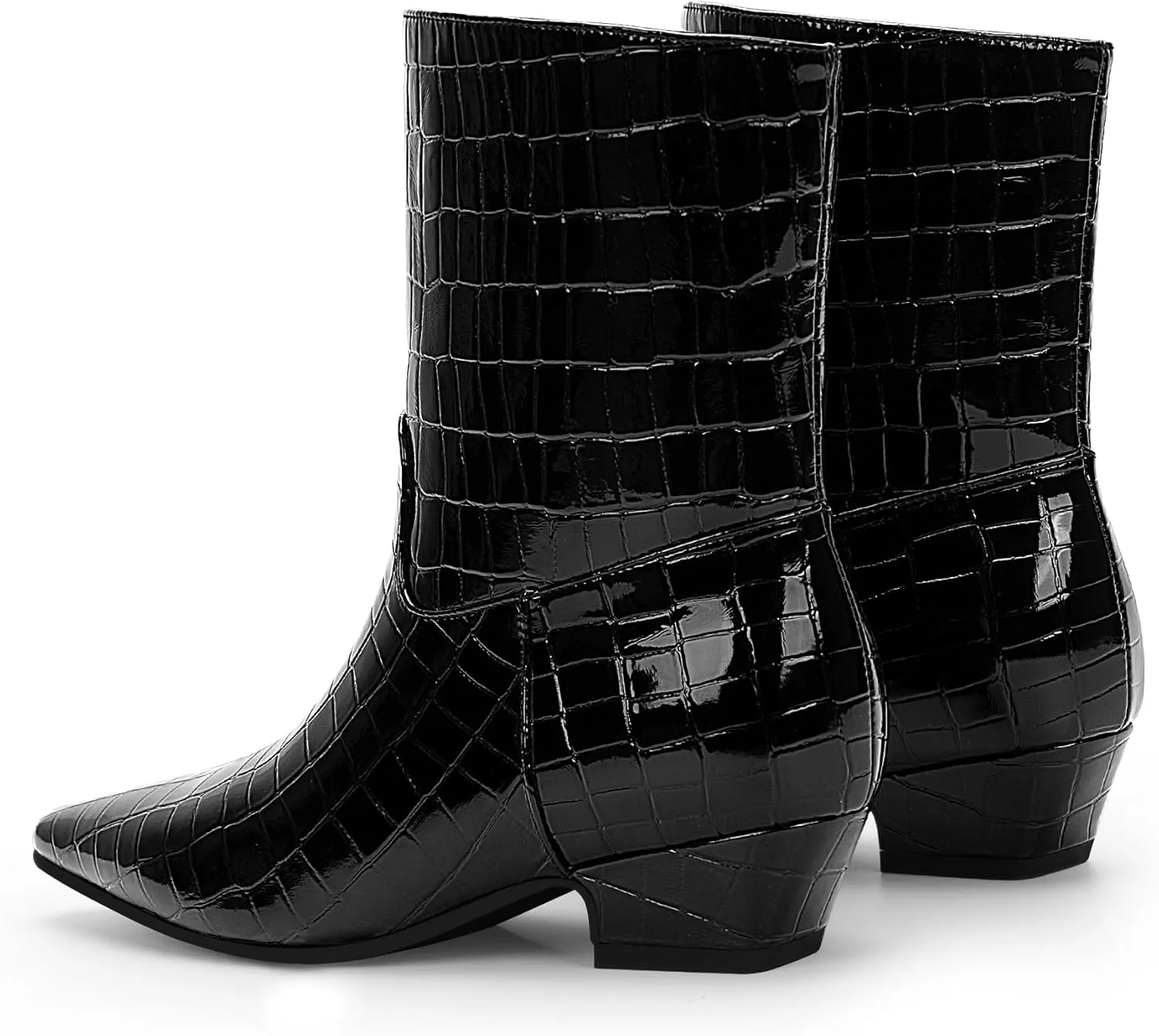 Women's Sexy Faux Crocodile Chunky Low Heel Ankle Dress Boots Square Toe Slip On Booties