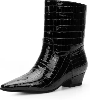Women's Sexy Faux Crocodile Chunky Low Heel Ankle Dress Boots Square Toe Slip On Booties