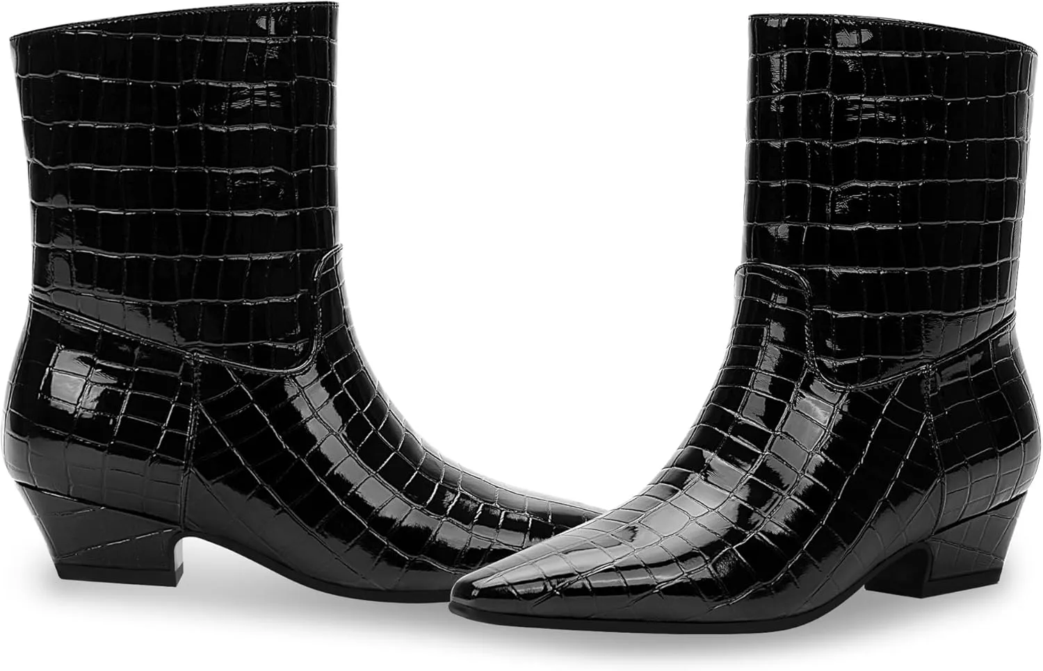 Women's Sexy Faux Crocodile Chunky Low Heel Ankle Dress Boots Square Toe Slip On Booties
