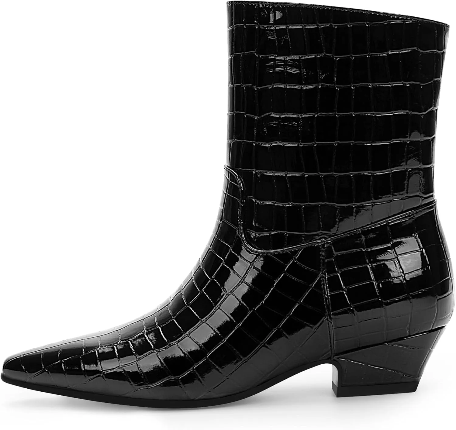 Women's Sexy Faux Crocodile Chunky Low Heel Ankle Dress Boots Square Toe Slip On Booties