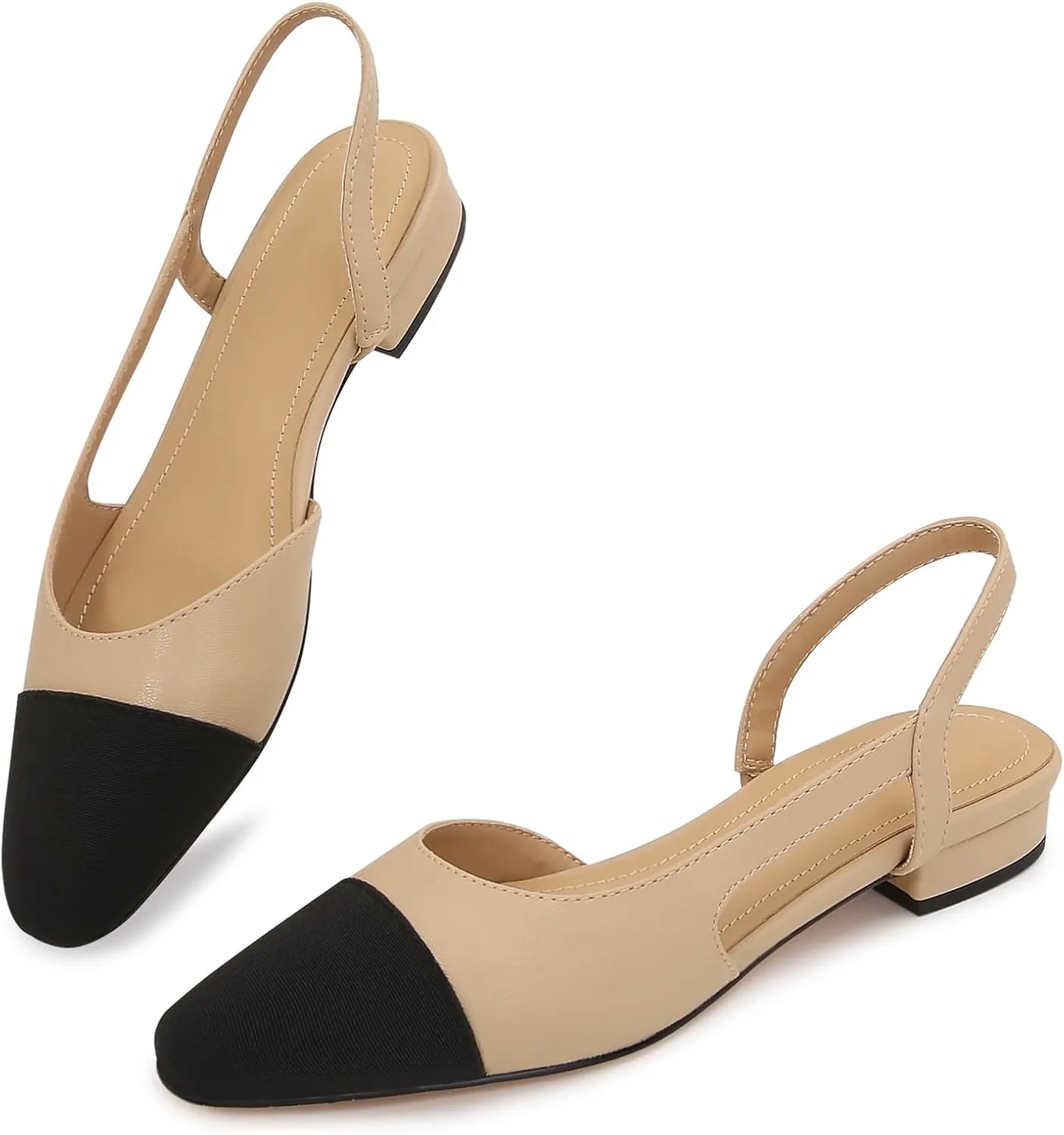 Womens Slingback Flats Two Tone Pumps Round Toe Flat Sandals Retro Splicing Office Shoes for Casual Work