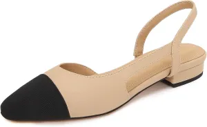Womens Slingback Flats Two Tone Pumps Round Toe Flat Sandals Retro Splicing Office Shoes for Casual Work