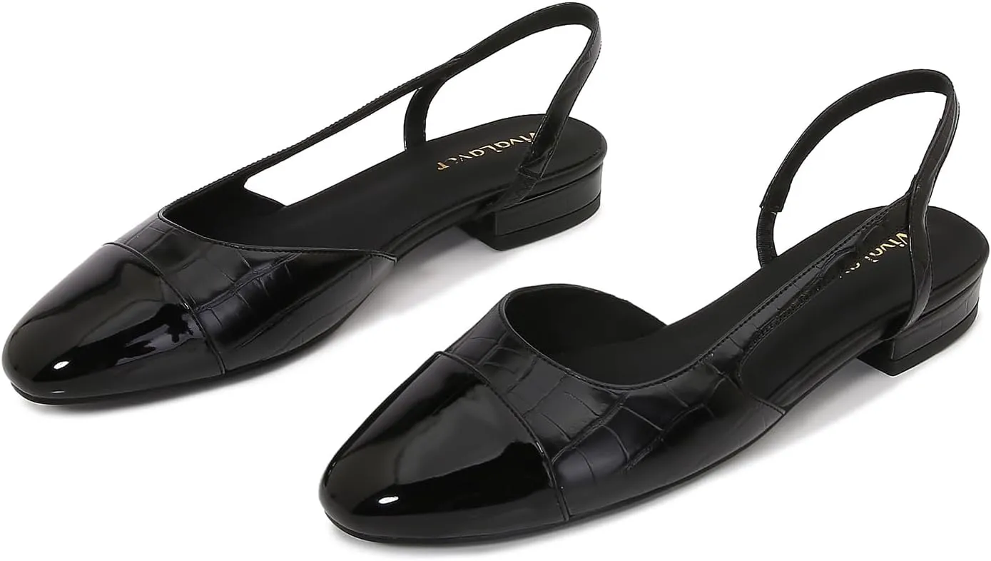 Womens Slingback Flats Two Tone Pumps Round Toe Flat Sandals Retro Splicing Office Shoes for Casual Work