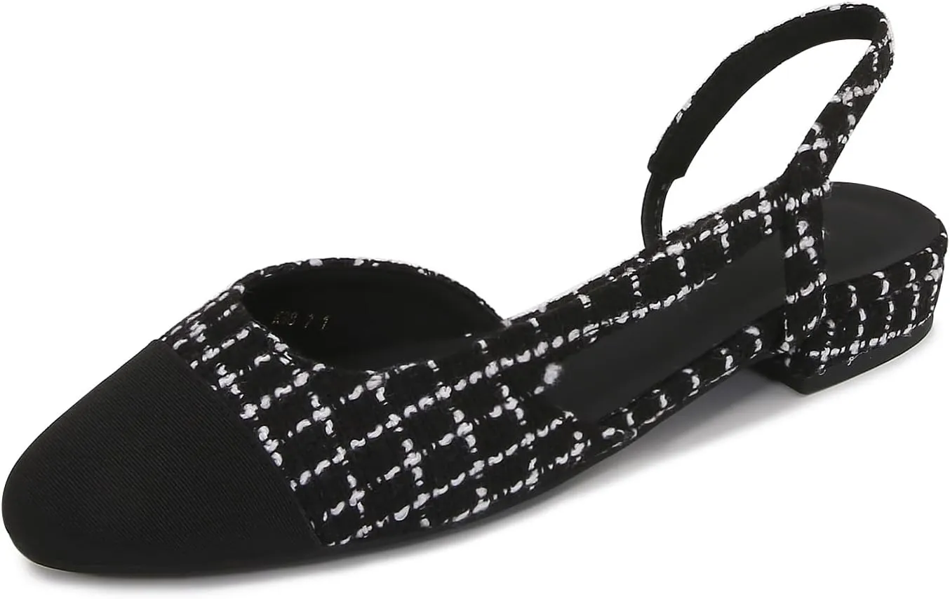 Womens Slingback Flats Two Tone Pumps Round Toe Flat Sandals Retro Splicing Office Shoes for Casual Work