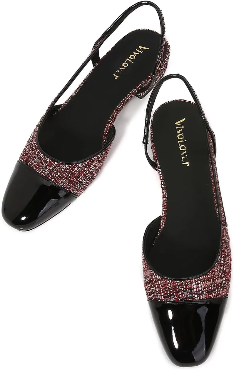 Womens Slingback Flats Two Tone Pumps Round Toe Flat Sandals Retro Splicing Office Shoes for Casual Work