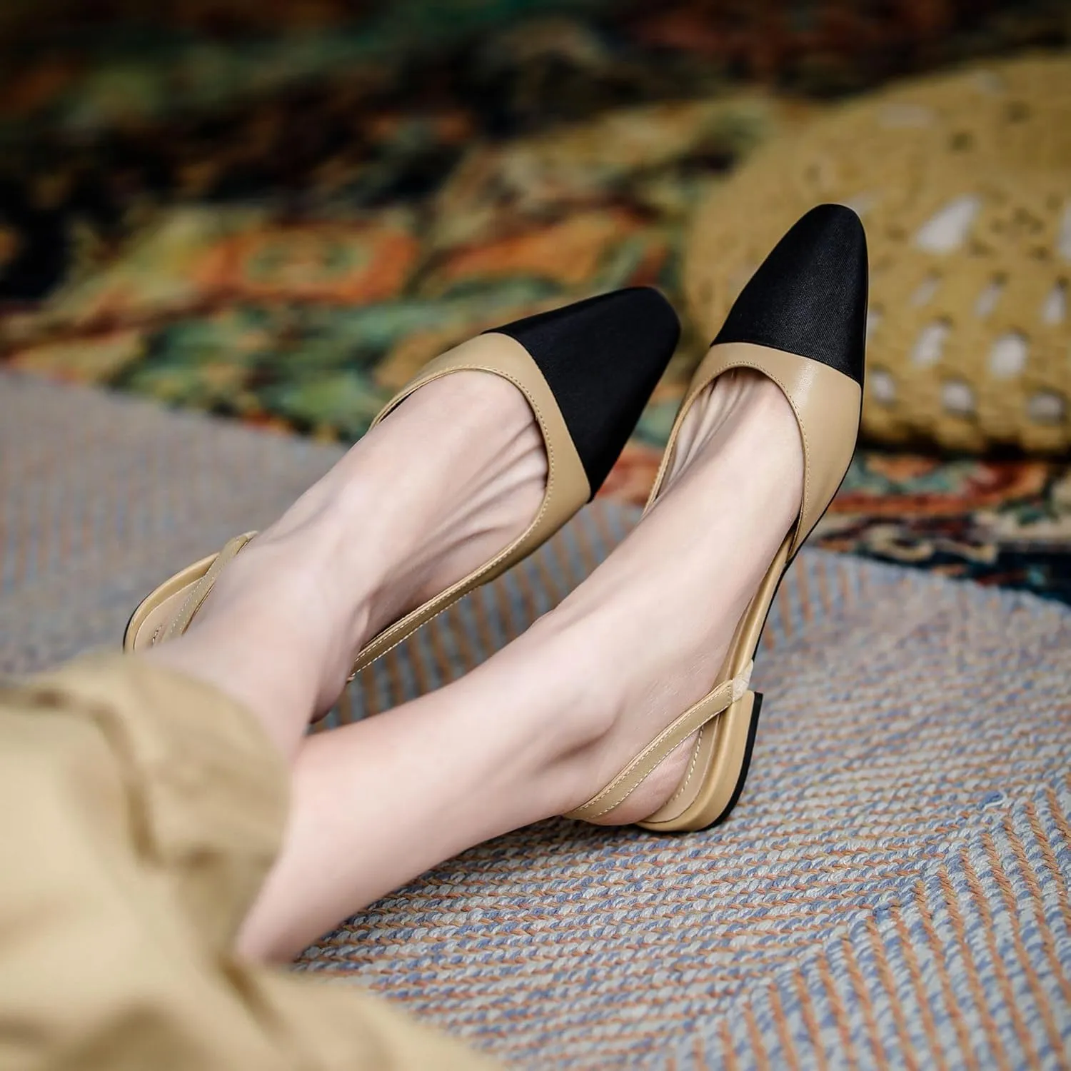 Womens Slingback Flats Two Tone Pumps Round Toe Flat Sandals Retro Splicing Office Shoes for Casual Work
