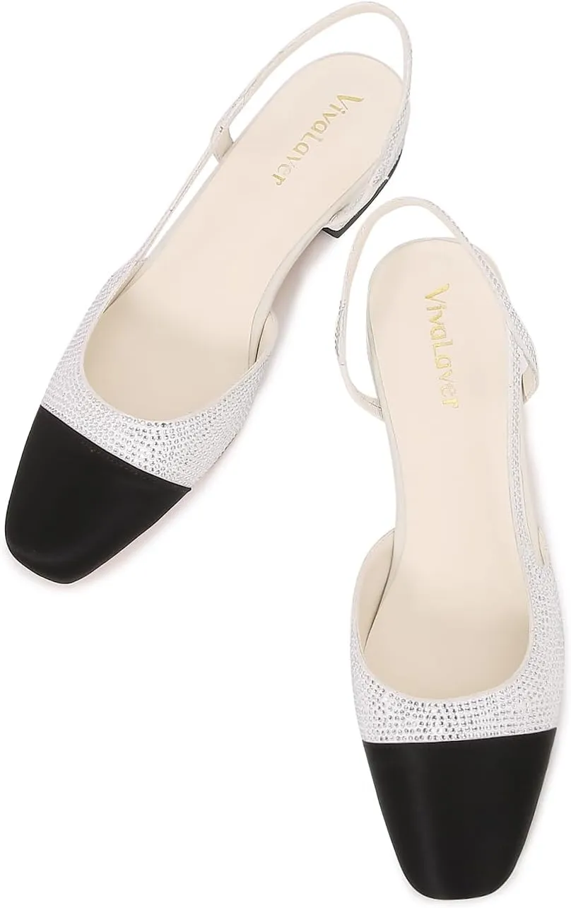 Womens Slingback Flats Two Tone Pumps Round Toe Flat Sandals Retro Splicing Office Shoes for Casual Work