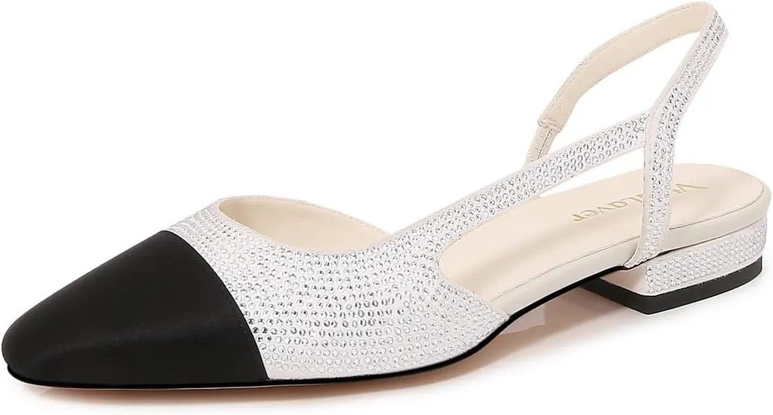 Womens Slingback Flats Two Tone Pumps Round Toe Flat Sandals Retro Splicing Office Shoes for Casual Work