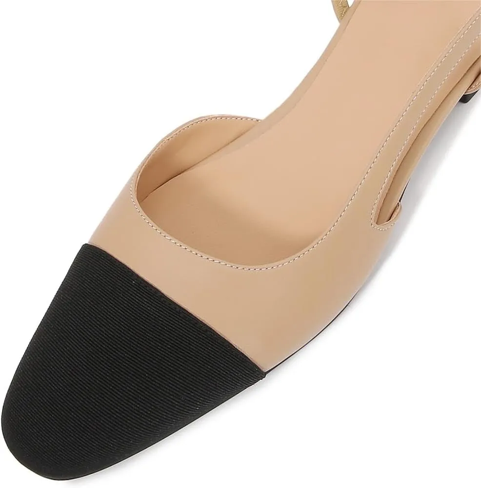 Womens Slingback Flats Two Tone Pumps Round Toe Flat Sandals Retro Splicing Office Shoes for Casual Work