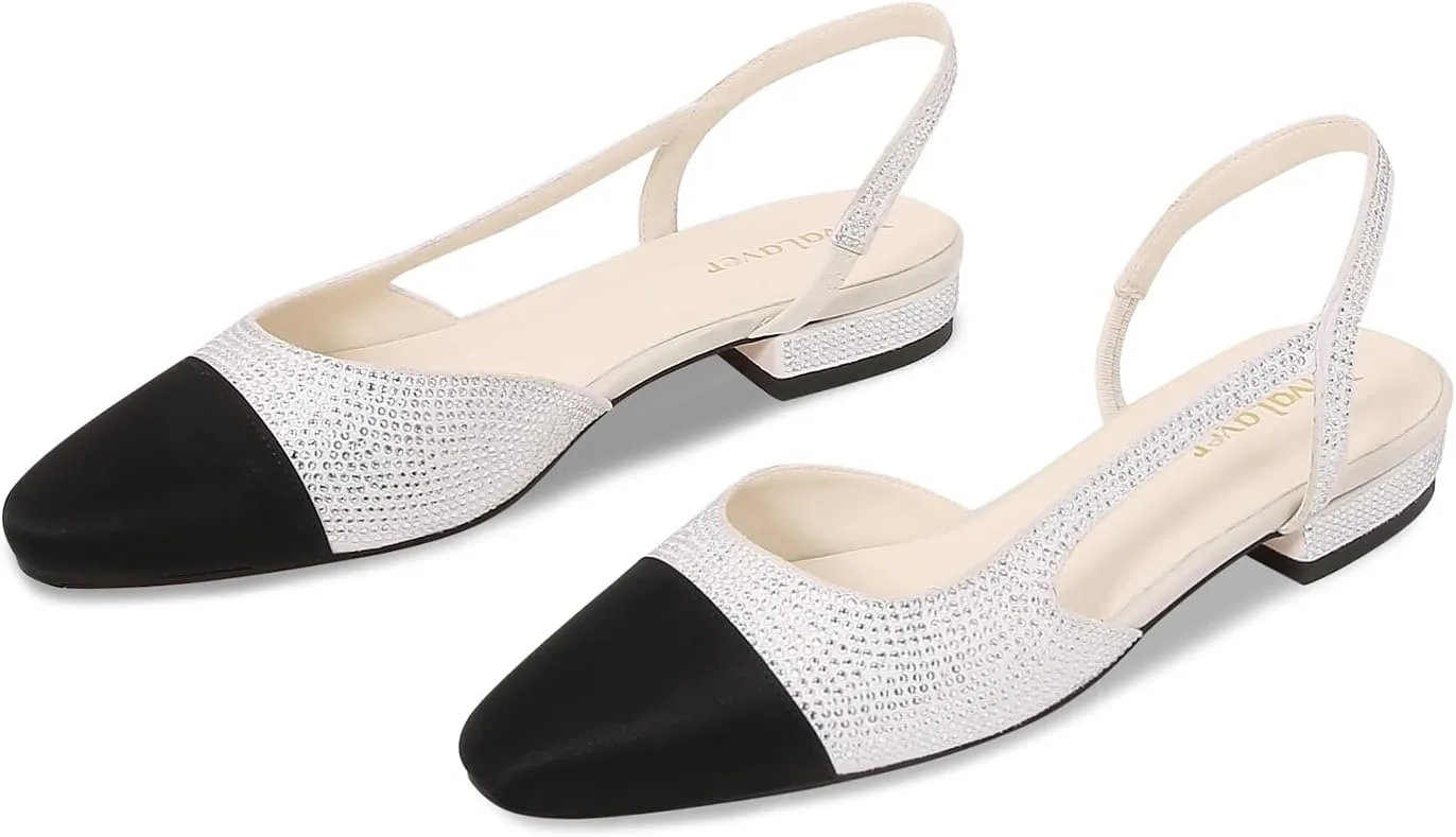 Womens Slingback Flats Two Tone Pumps Round Toe Flat Sandals Retro Splicing Office Shoes for Casual Work