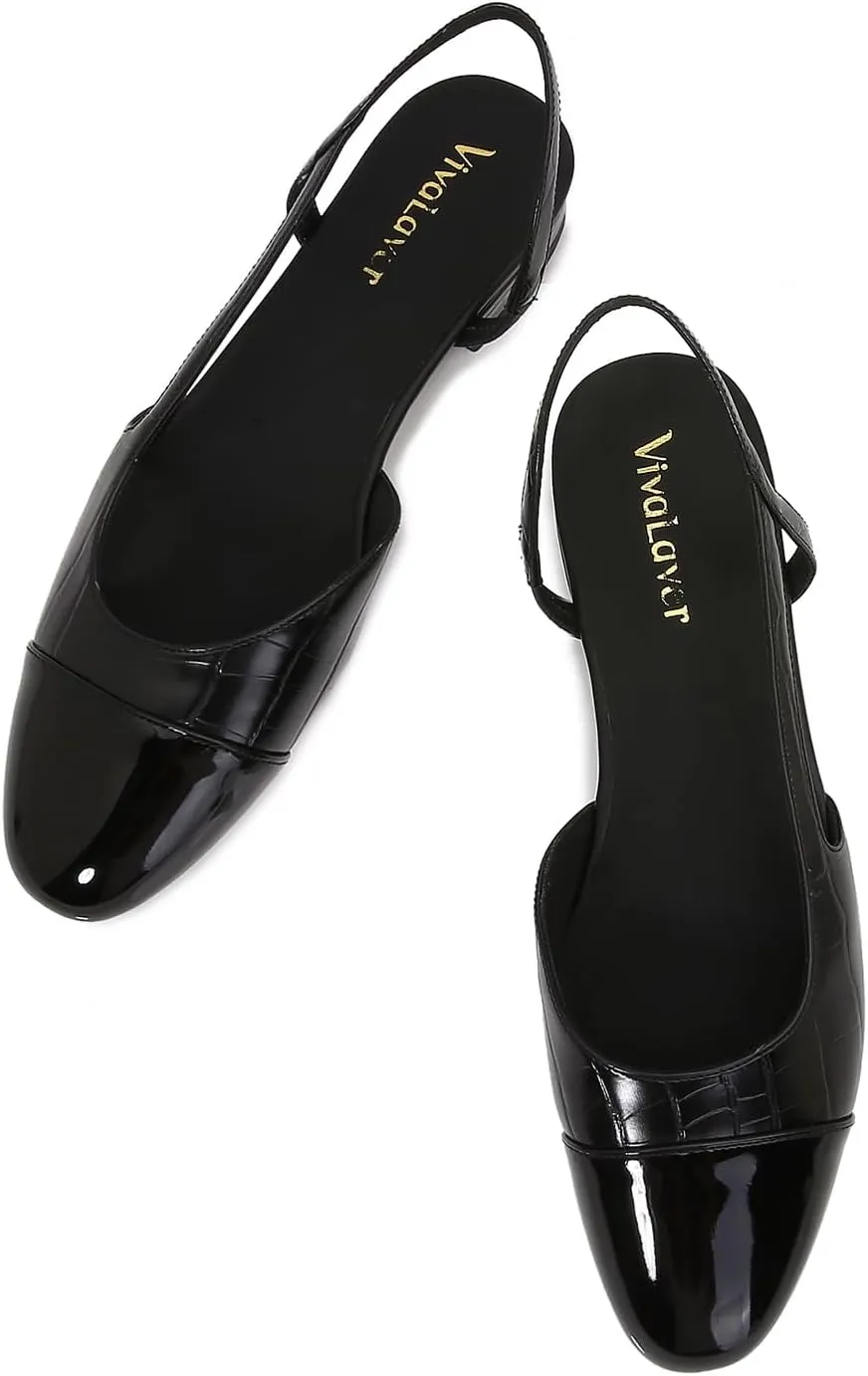 Womens Slingback Flats Two Tone Pumps Round Toe Flat Sandals Retro Splicing Office Shoes for Casual Work