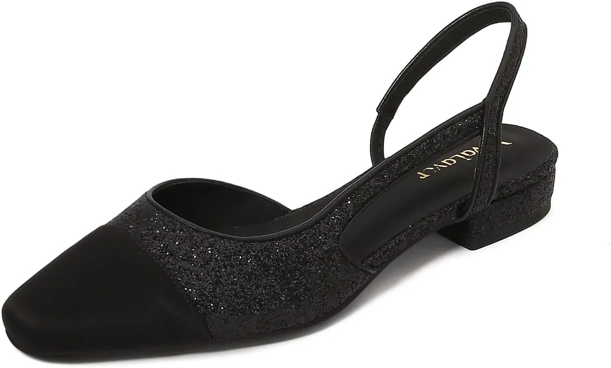 Womens Slingback Flats Two Tone Pumps Round Toe Flat Sandals Retro Splicing Office Shoes for Casual Work