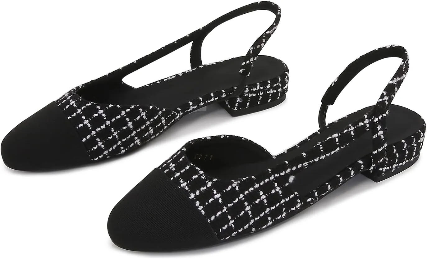 Womens Slingback Flats Two Tone Pumps Round Toe Flat Sandals Retro Splicing Office Shoes for Casual Work