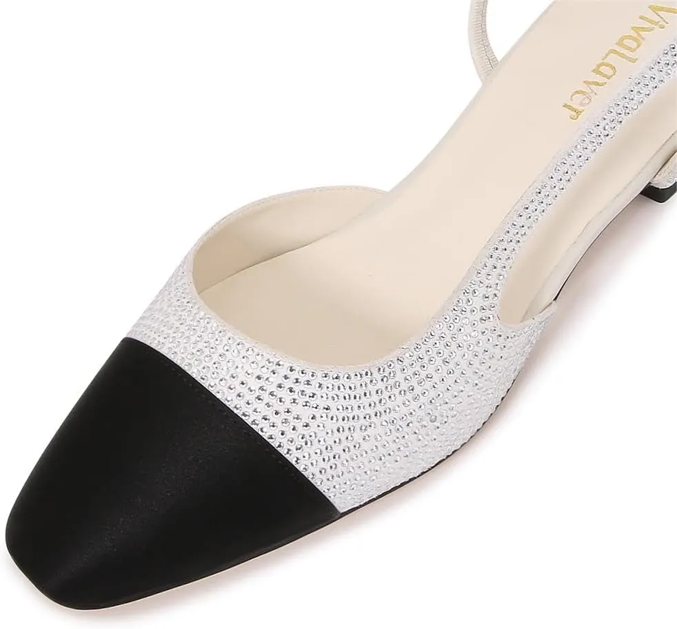 Womens Slingback Flats Two Tone Pumps Round Toe Flat Sandals Retro Splicing Office Shoes for Casual Work