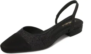Womens Slingback Flats Two Tone Pumps Round Toe Flat Sandals Retro Splicing Office Shoes for Casual Work