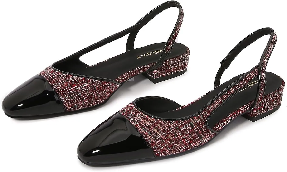 Womens Slingback Flats Two Tone Pumps Round Toe Flat Sandals Retro Splicing Office Shoes for Casual Work
