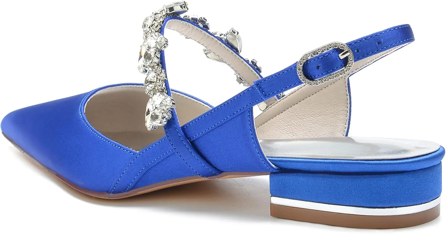 Women's Slingback Satin Wedding Flats Rhinestone Bridal Shoes Pointed Toe Prom Evening Bridal Party Dress Flats