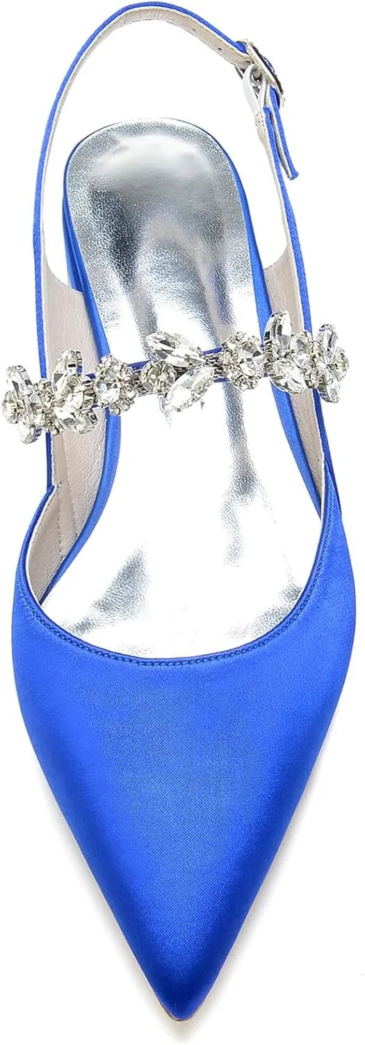 Women's Slingback Satin Wedding Flats Rhinestone Bridal Shoes Pointed Toe Prom Evening Bridal Party Dress Flats