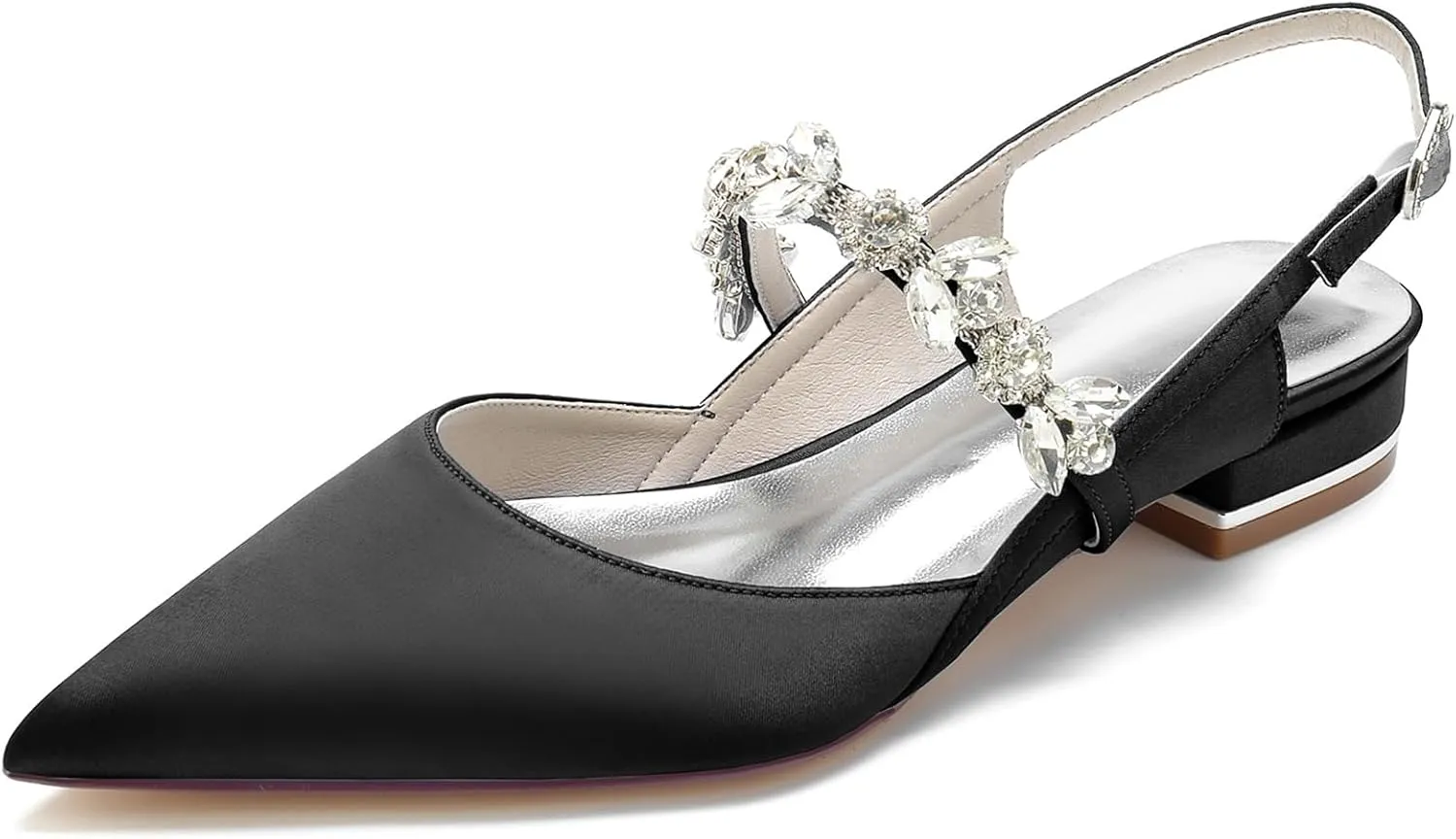 Women's Slingback Satin Wedding Flats Rhinestone Bridal Shoes Pointed Toe Prom Evening Bridal Party Dress Flats