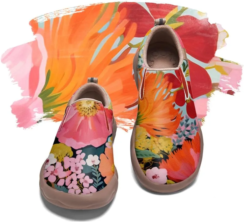 Women's Slip On Sneakers Casual Loafers Microfiber Art Painted Comfort Soft Walking Shoes Colorful Flowers