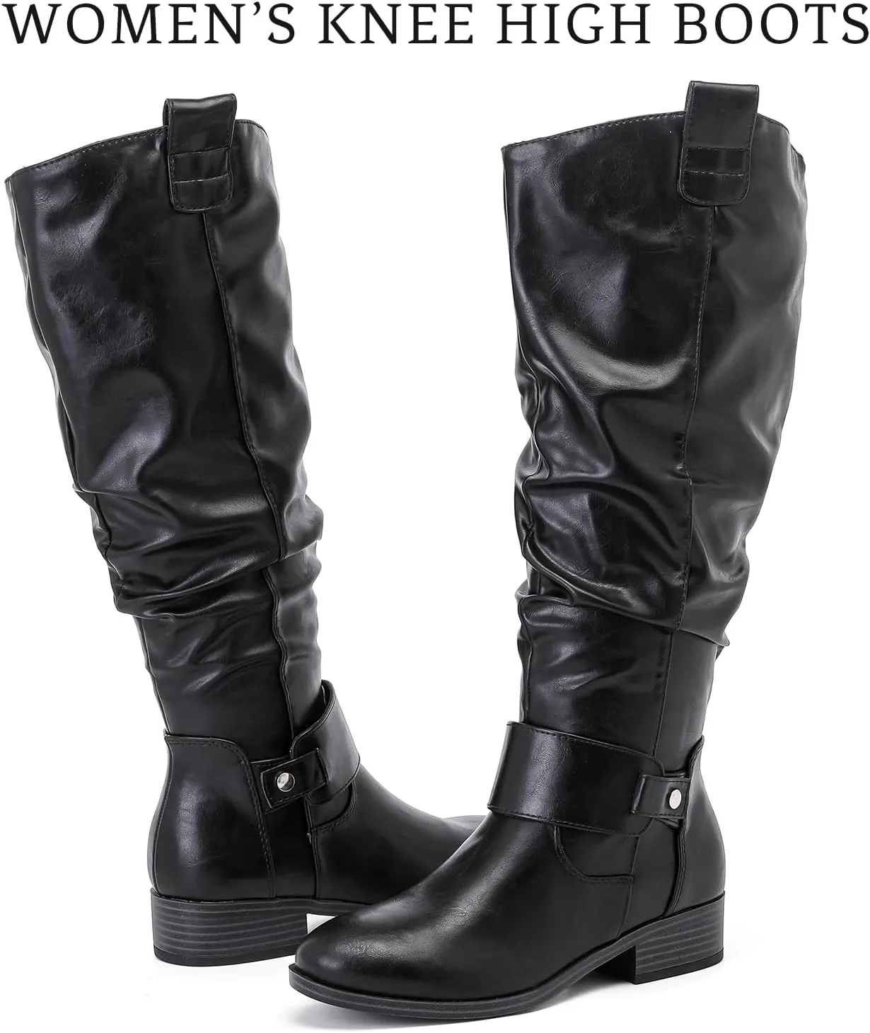 Women's Slouchy Knee High Boots, Comfortable and Fashionable Round Toe Riding Combat Boots for Fall and Winter Wear for Women.