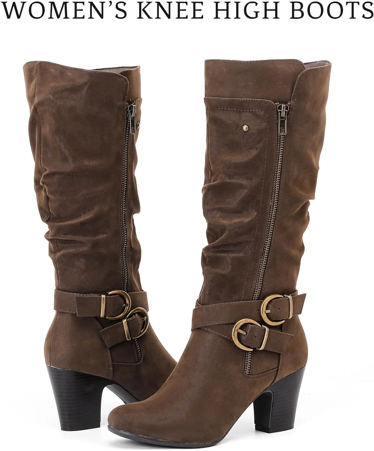 Women's Slouchy Knee High Boots Riding Combat Boots with Chunky Heel,Comfortable and Fashionable for Fall and Winter Wear for Women.