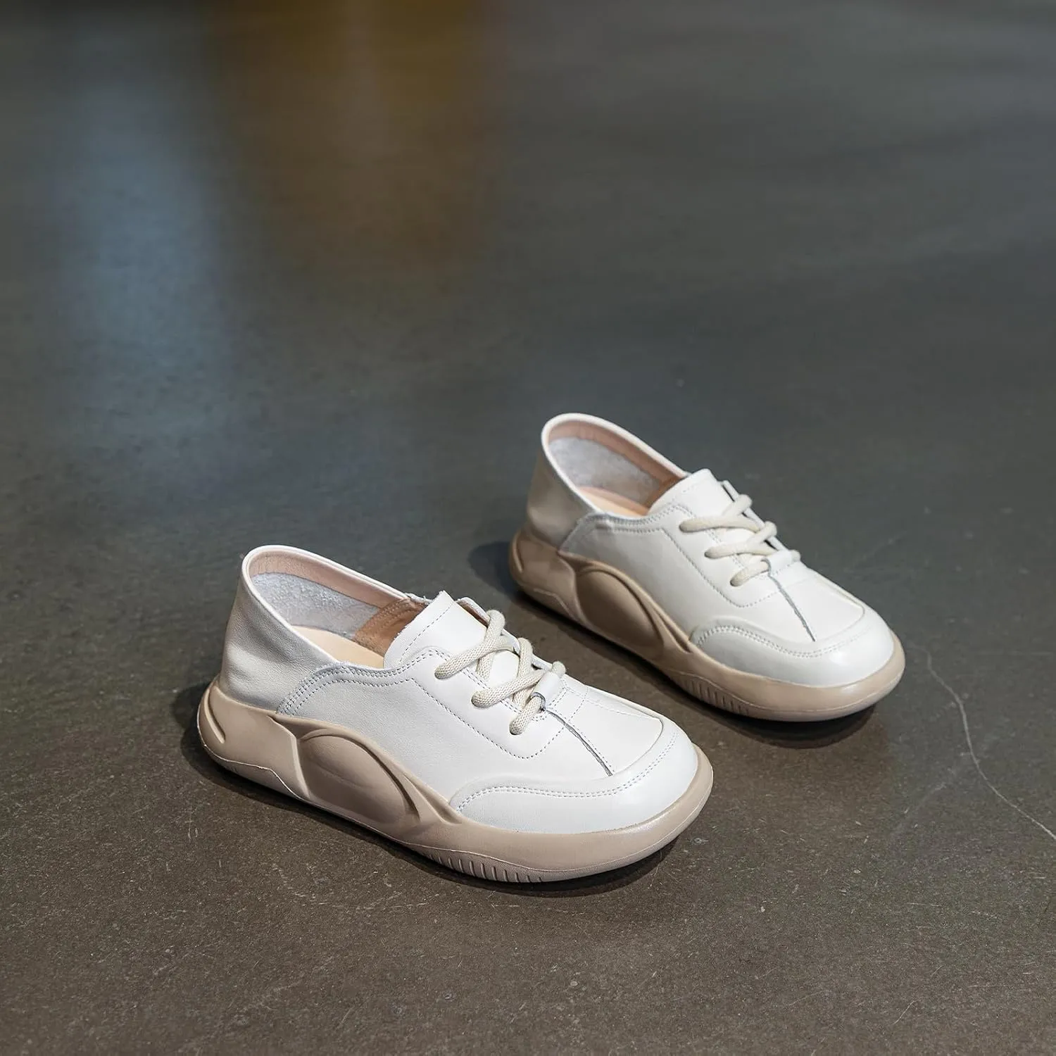 Womens Soft Cowhide Platform Lace Up Sneakers Comfortable Slip-On Round Toe Low Top Lightweight Walking Shoes Fashion Casual Non-Slip Wear-Resistant Lncrease Tennis Shoes