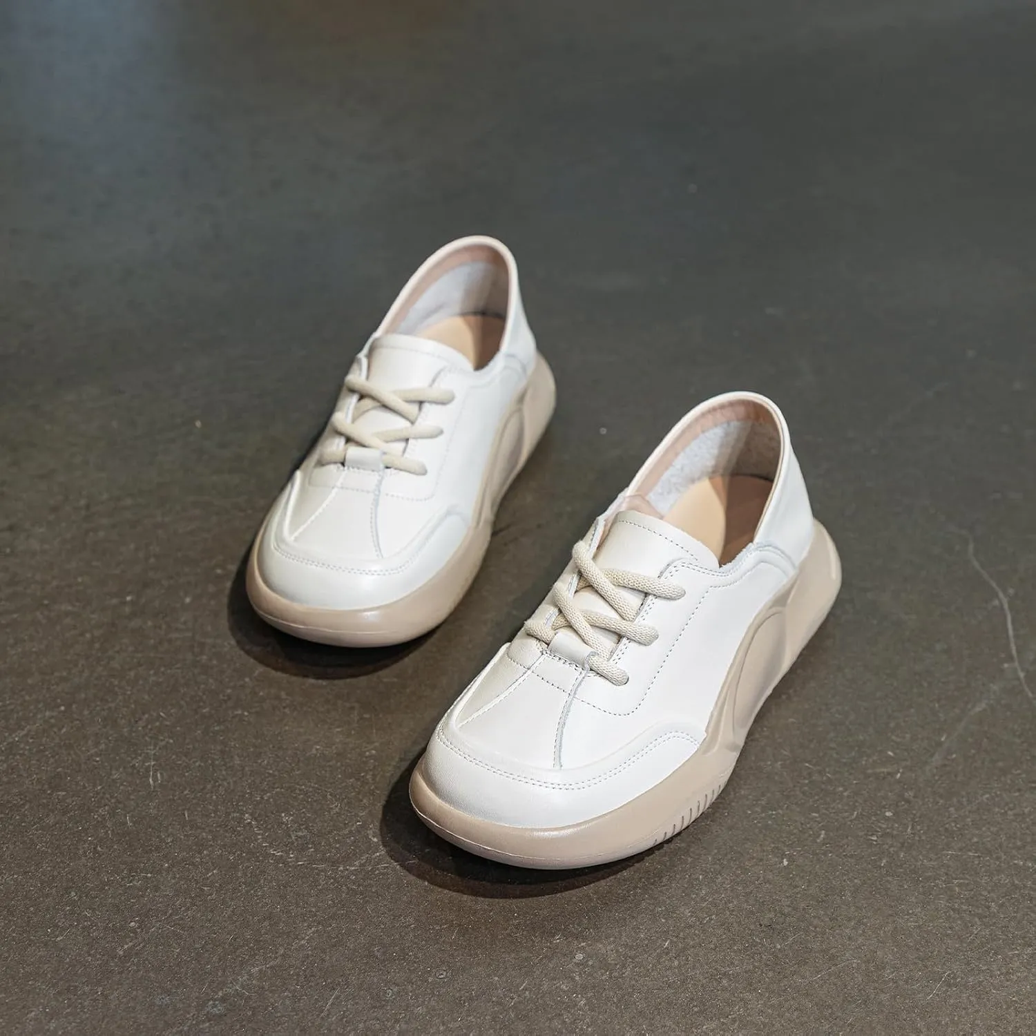 Womens Soft Cowhide Platform Lace Up Sneakers Comfortable Slip-On Round Toe Low Top Lightweight Walking Shoes Fashion Casual Non-Slip Wear-Resistant Lncrease Tennis Shoes