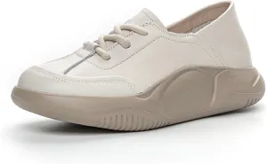 Womens Soft Cowhide Platform Lace Up Sneakers Comfortable Slip-On Round Toe Low Top Lightweight Walking Shoes Fashion Casual Non-Slip Wear-Resistant Lncrease Tennis Shoes