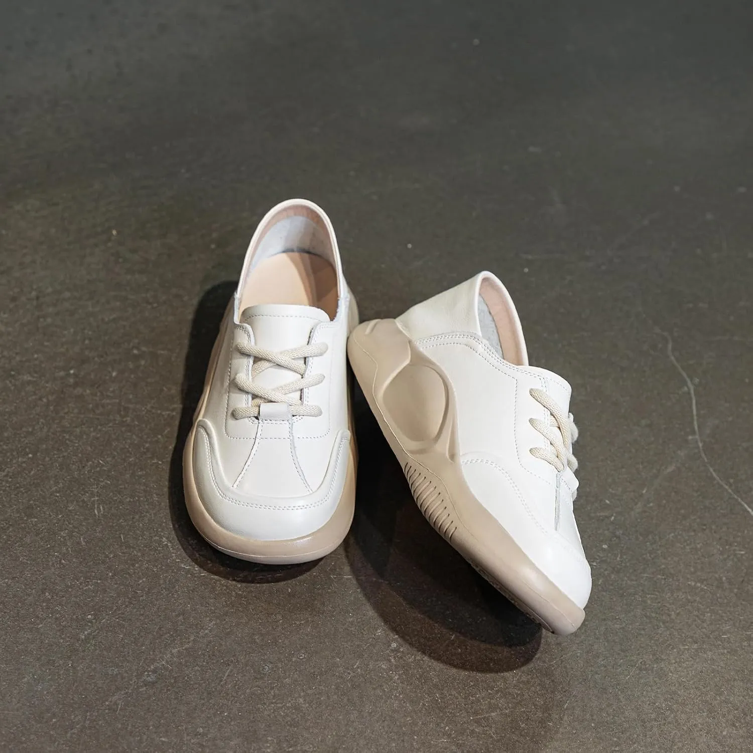 Womens Soft Cowhide Platform Lace Up Sneakers Comfortable Slip-On Round Toe Low Top Lightweight Walking Shoes Fashion Casual Non-Slip Wear-Resistant Lncrease Tennis Shoes