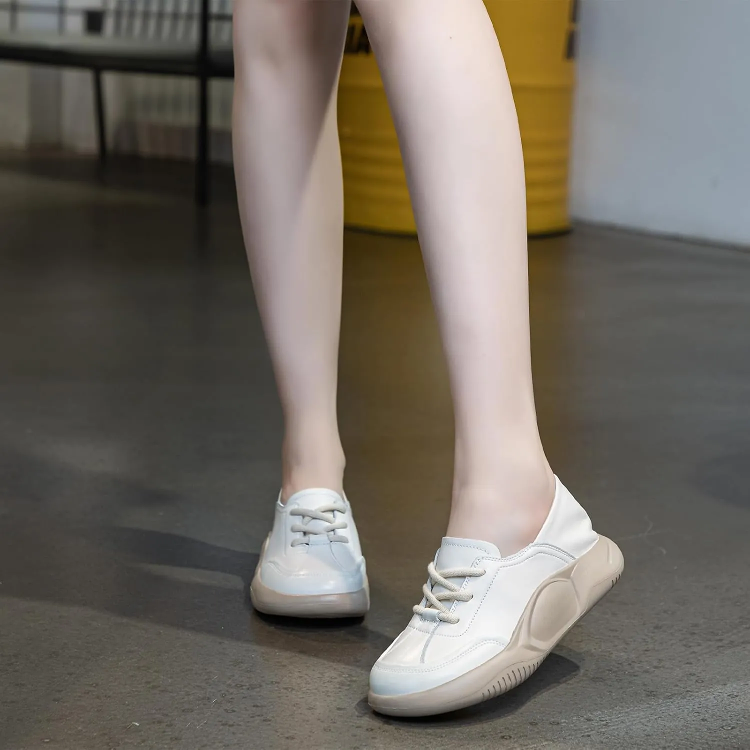 Womens Soft Cowhide Platform Lace Up Sneakers Comfortable Slip-On Round Toe Low Top Lightweight Walking Shoes Fashion Casual Non-Slip Wear-Resistant Lncrease Tennis Shoes