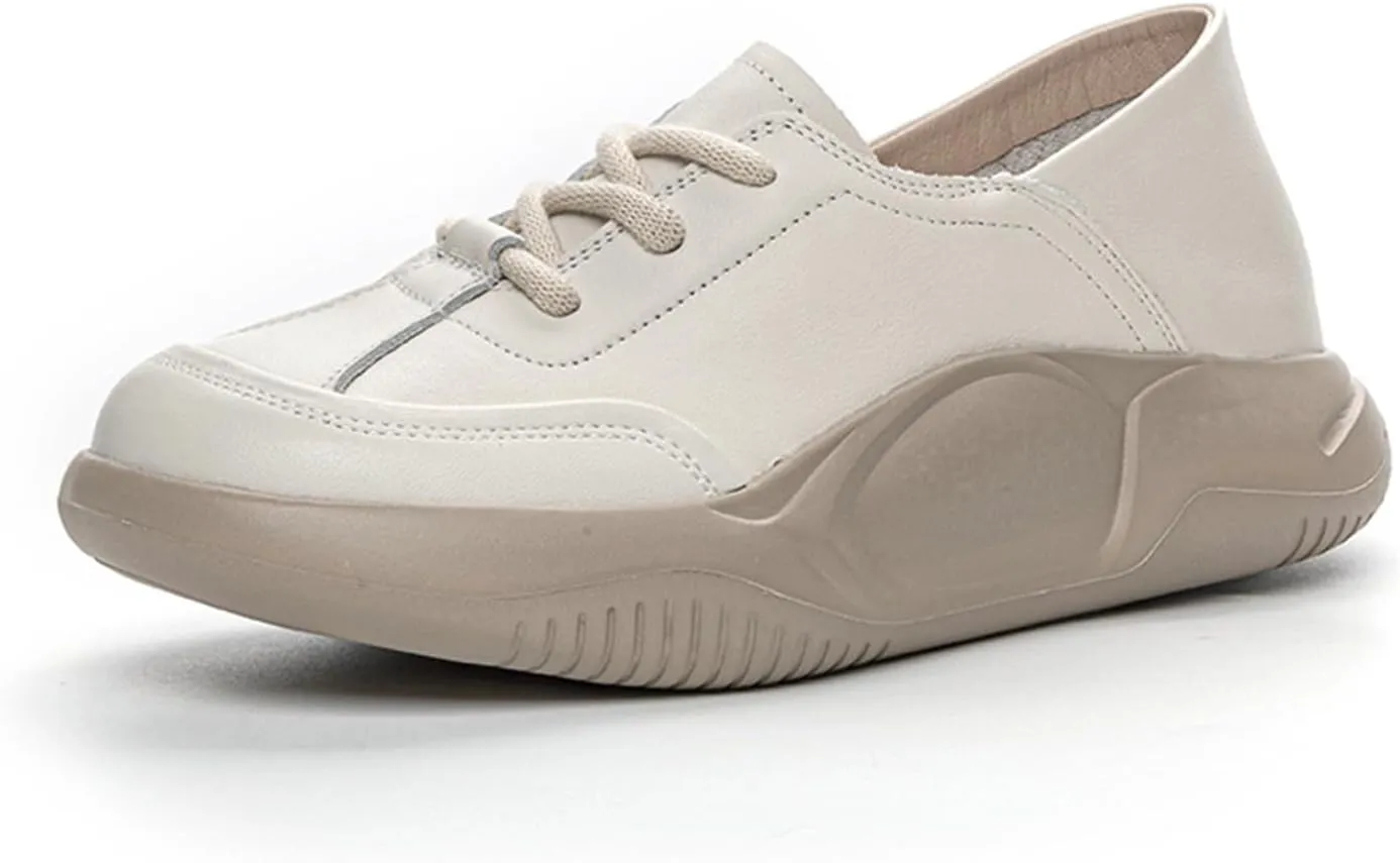 Womens Soft Cowhide Platform Lace Up Sneakers Comfortable Slip-On Round Toe Low Top Lightweight Walking Shoes Fashion Casual Non-Slip Wear-Resistant Lncrease Tennis Shoes