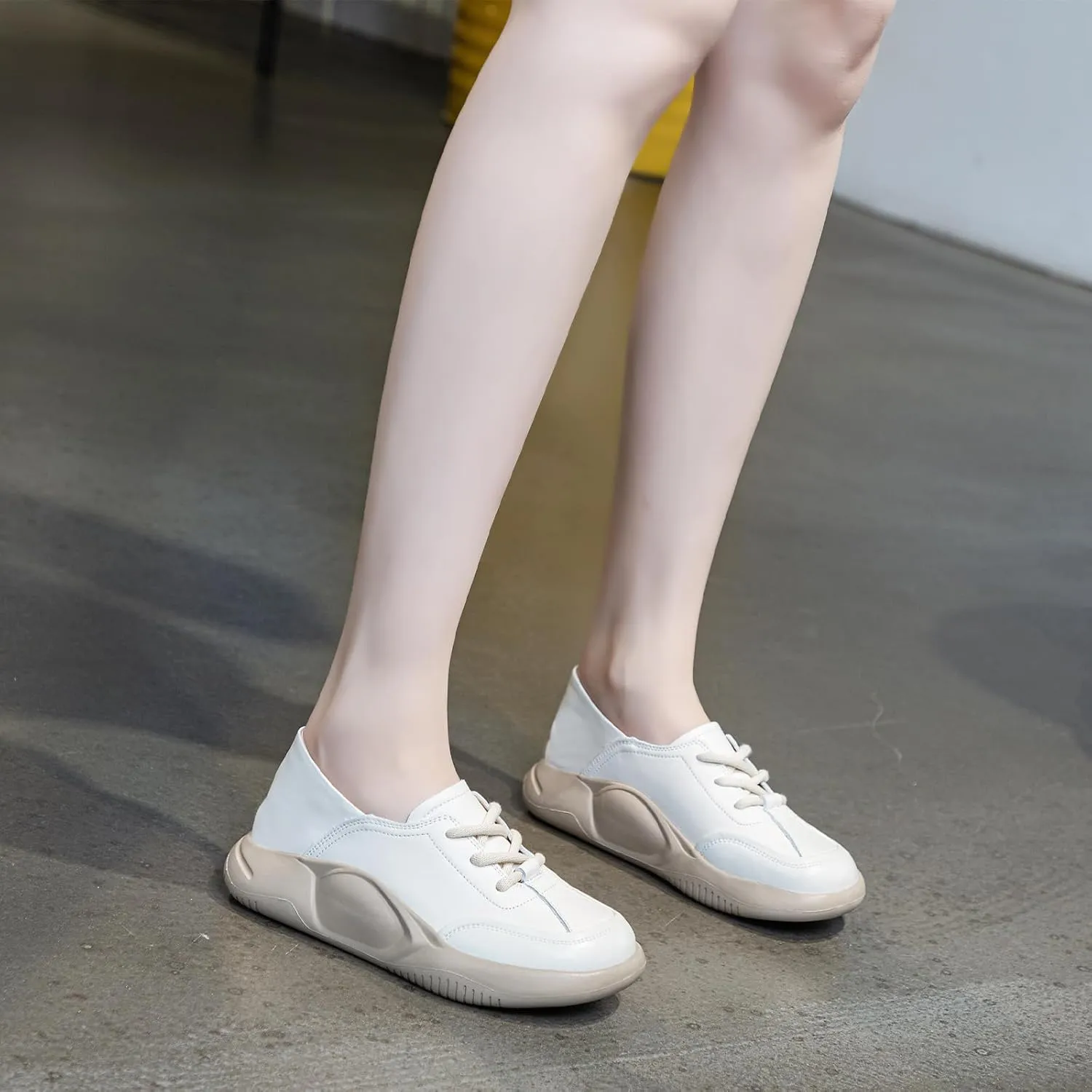 Womens Soft Cowhide Platform Lace Up Sneakers Comfortable Slip-On Round Toe Low Top Lightweight Walking Shoes Fashion Casual Non-Slip Wear-Resistant Lncrease Tennis Shoes