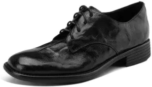 Women's Soft Leather Handmade Round Toe Lace Up Low Stacked Heel Oxford Pumps Shoes