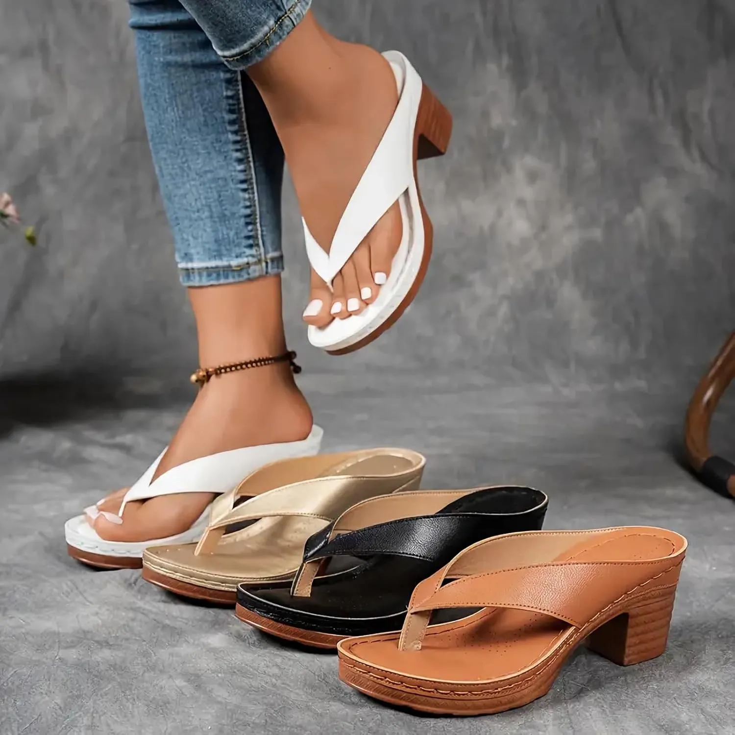 Women's Solid Color Summer Chunky Heel Sandals Slip on Open Toe Square Toe Comfortable Heeled Sandals Mules for Women Heels Womens Shoes Wedges for Long Walk Casual Shoes Dressy