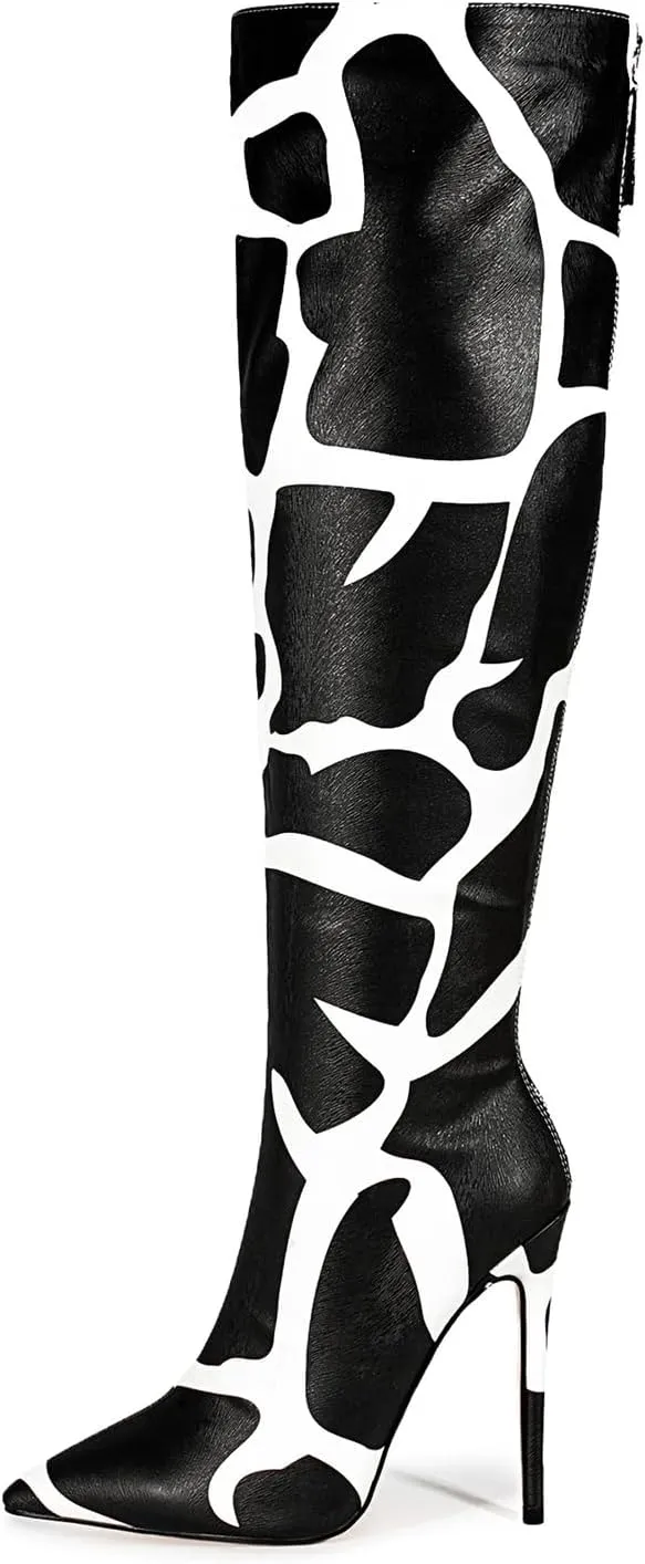 Women's Stiletto Knee High Boots Ladies Boot Pointed Toe Hight Heels Shoes Zebra Print Suitable for Fashionable Parties