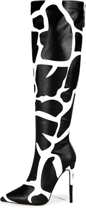 Women's Stiletto Knee High Boots Ladies Boot Pointed Toe Hight Heels Shoes Zebra Print Suitable for Fashionable Parties