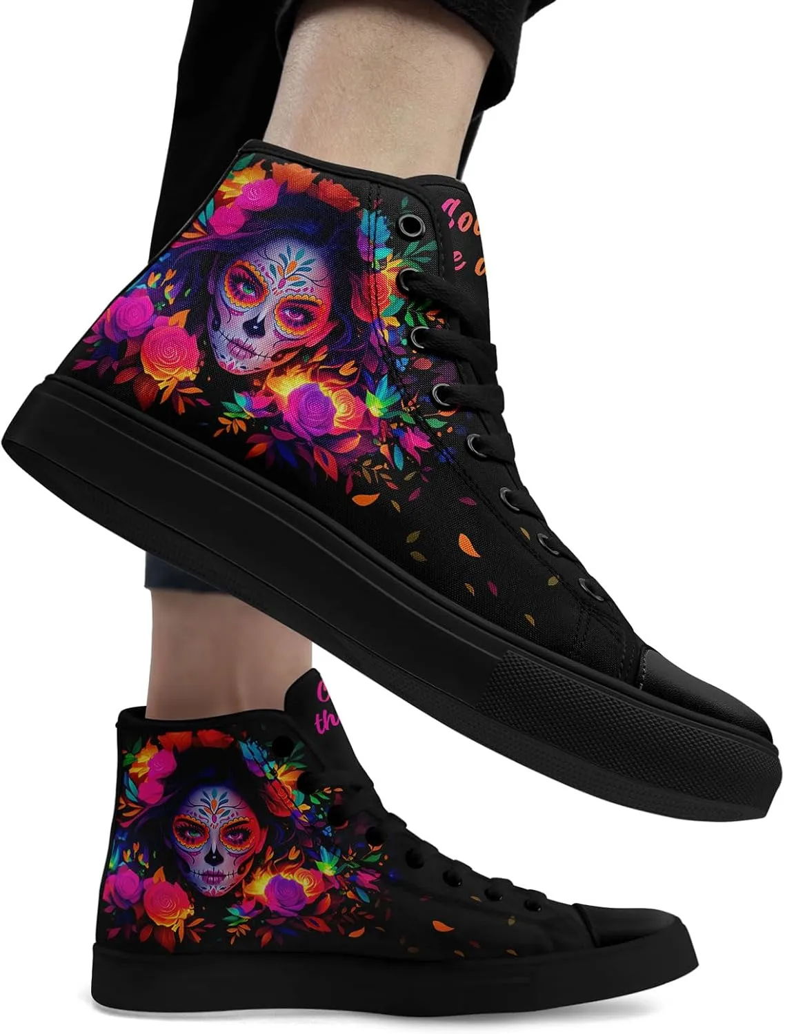 Women's Sugar Skull Canvas Sneakers - Mexican Catrina Art Fashion Shoes Gothic and Folk Art Casual High Tops