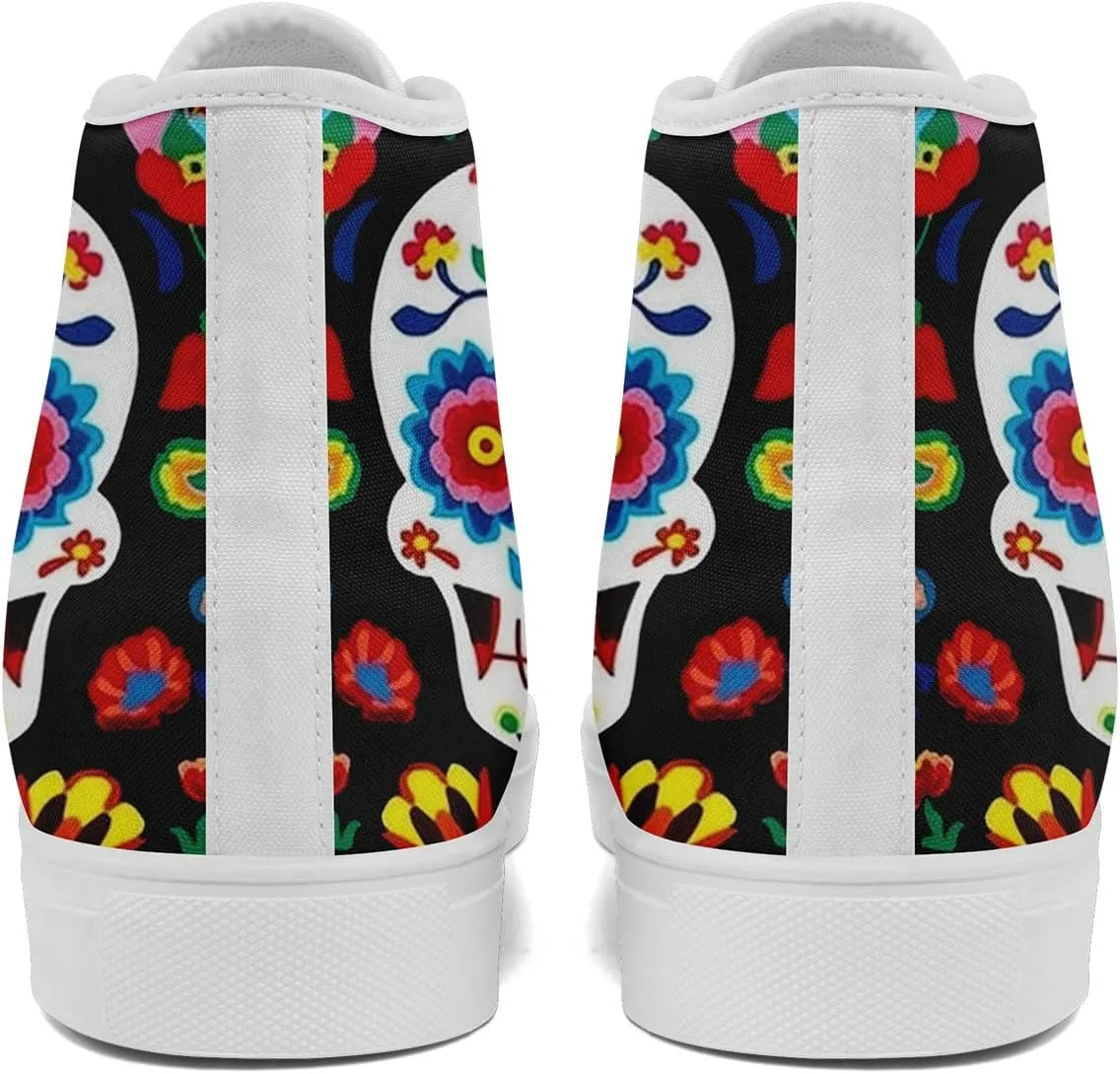 Women's Sugar Skull Canvas Sneakers - Mexican Catrina Art Fashion Shoes Gothic and Folk Art Casual High Tops