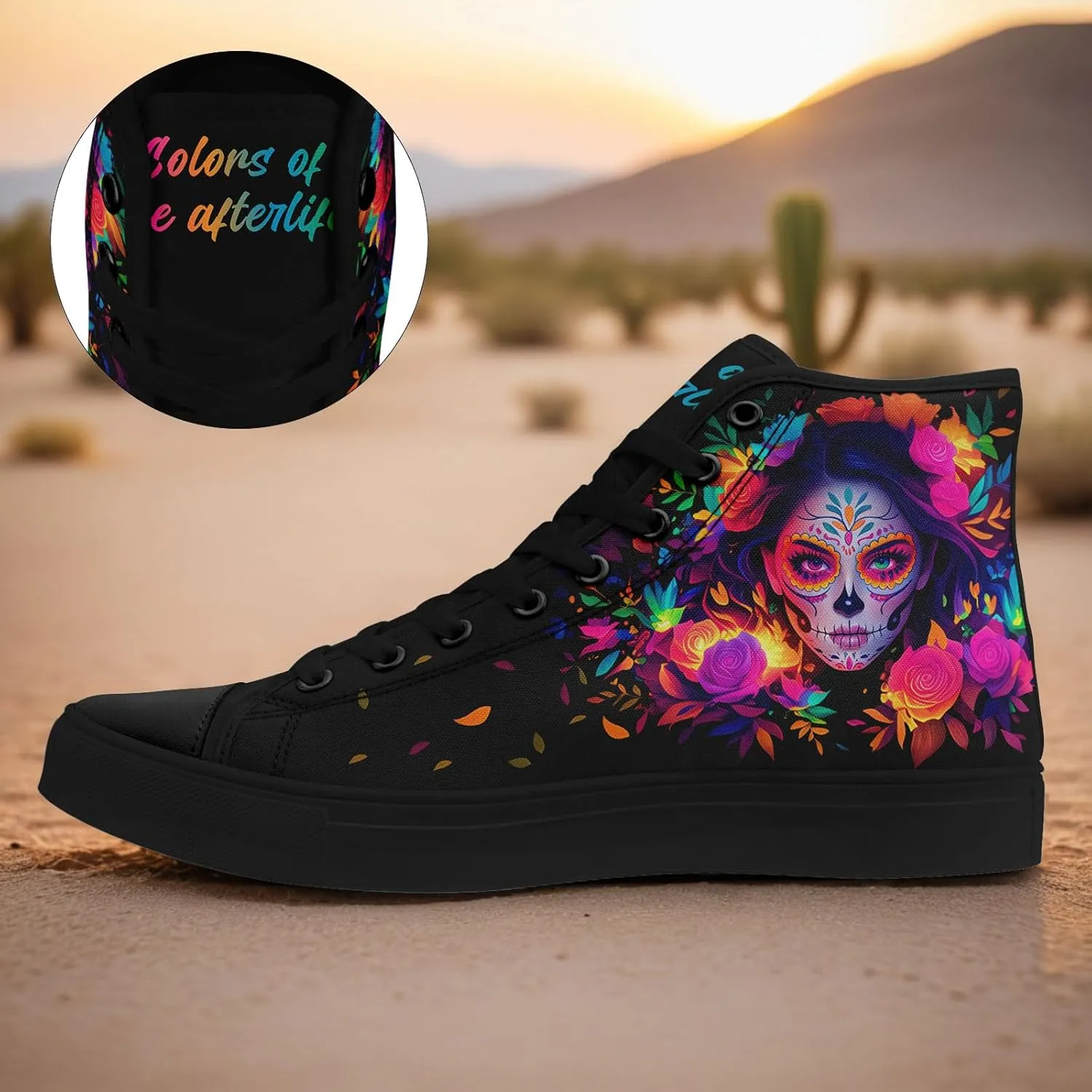 Women's Sugar Skull Canvas Sneakers - Mexican Catrina Art Fashion Shoes Gothic and Folk Art Casual High Tops