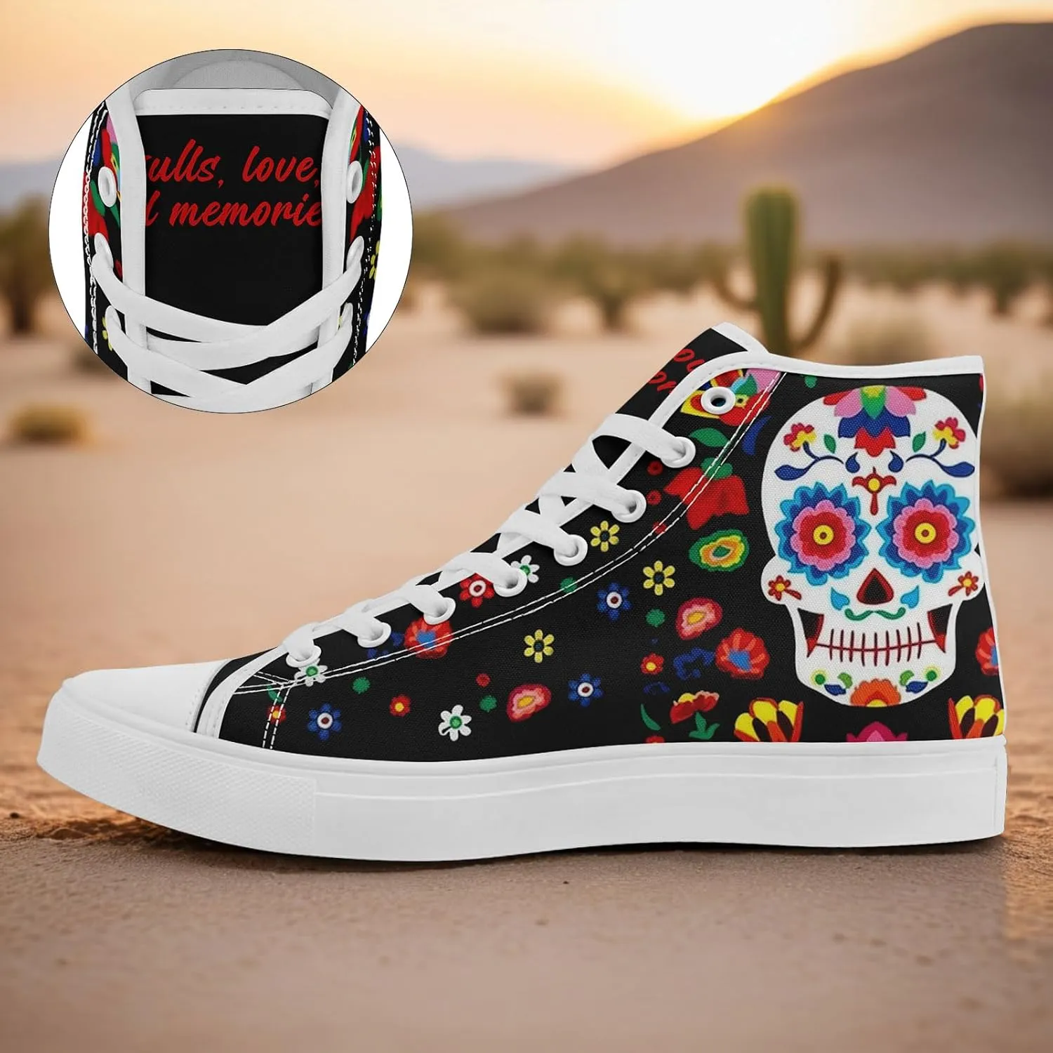 Women's Sugar Skull Canvas Sneakers - Mexican Catrina Art Fashion Shoes Gothic and Folk Art Casual High Tops